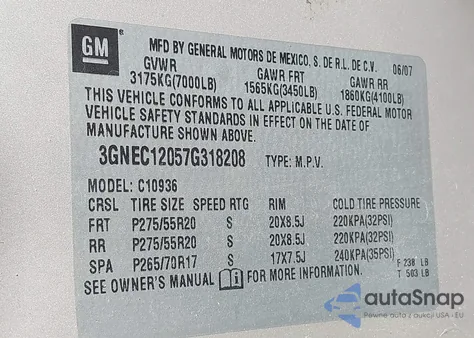 2007 Chevrolet Avalanche 1500 Lt из США, поврежденный, VIN 3GNEC12057G318208